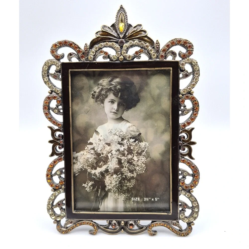 Tizo Jeweled Metal Picture Frame Amber & Champagne Crystal Ornate Baroque 5x7.5